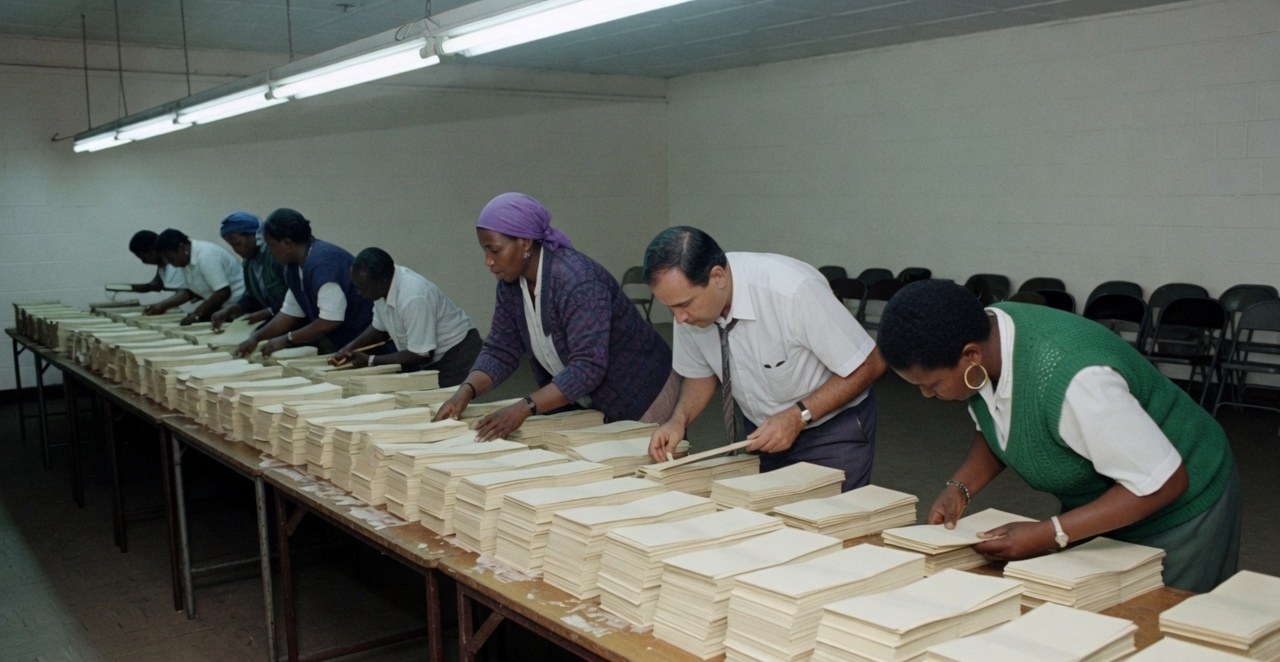 Illustrative scene of workers counting stacks of paper ballots under fluorescent lights