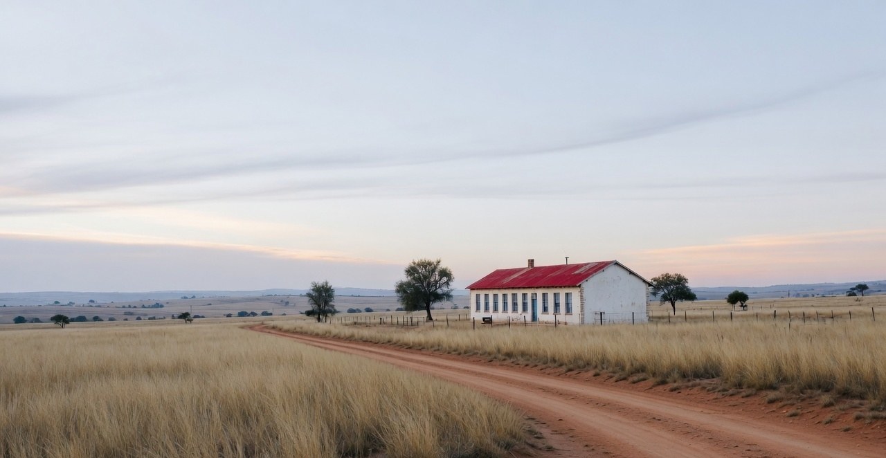 Illustrative photograph of a rural school in open grassland at dawn